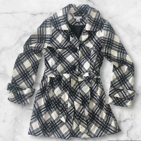 Luii Short Trench Coat Jacket Black White Plaid Size Large - Picture 2 of 12